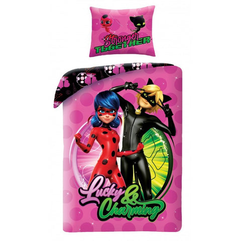 Halantex Miraculous Ladybug Marinette Cat Chat Noir Bed Linen Set - Duvet Cover 140 x 200 cm and 1 Pillowcase 70 x 90 cm - 100% Cotton - Multicoloured