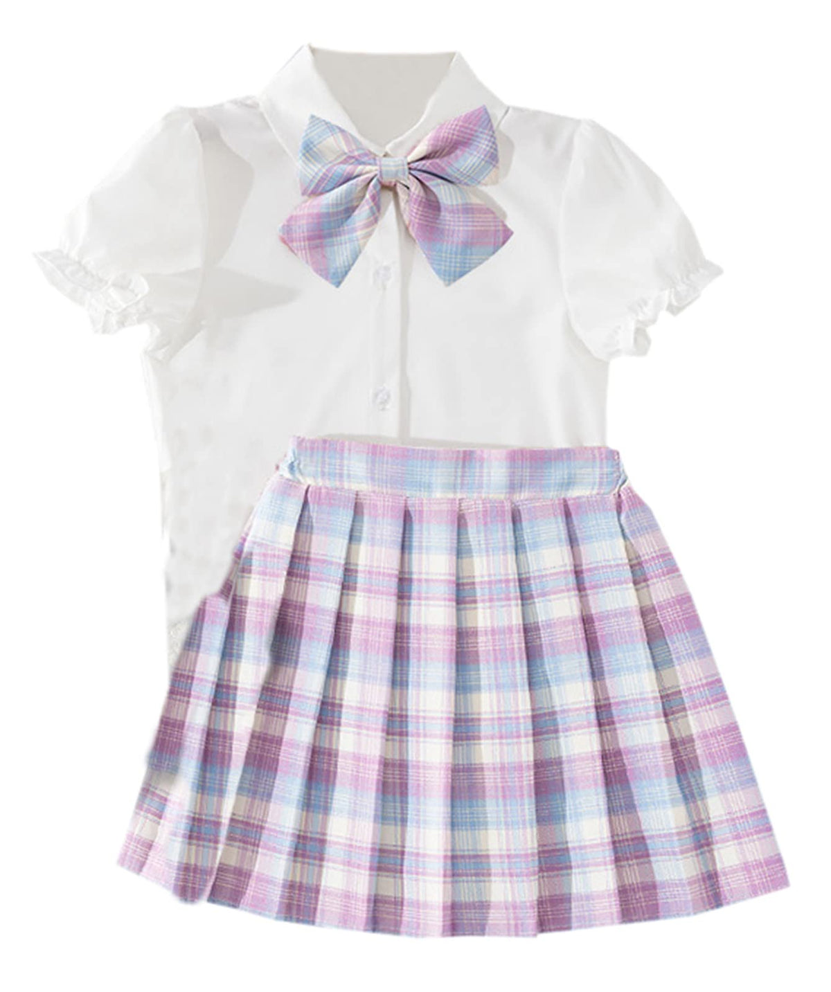 Betusline Cute Girls Clothes Kids Girls' JK School Uniform Plaid Skirt Set, Blue Purple Plaid, 7-8 Years