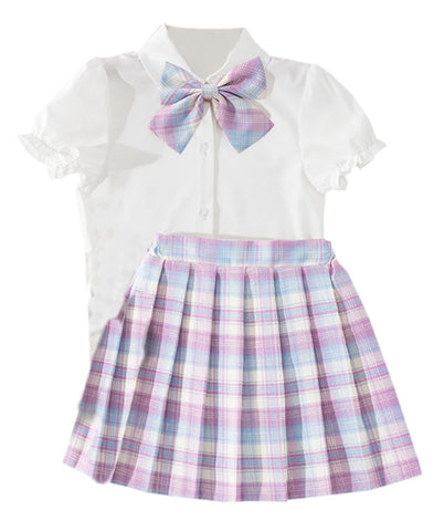 Betusline Cute Girls Clothes Kids Girls' JK School Uniform Plaid Skirt Set, Blue Purple Plaid, 7-8 Years
