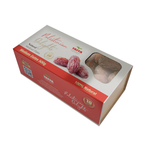 Palestinian Delights Delicious and Juicy Medium Medjool Dates (Box of 500g) - All Natural, No Added Sugar, Free from Additives, Sustainably Grown and Hand-Picked Palestinian Dates