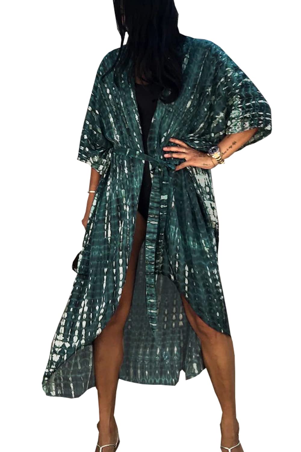 YouKD Bohemian Kimono Long Sleeve Cardigan Beach Swimsuit Cover Up Maxi Dress for Women C Dark Green 2