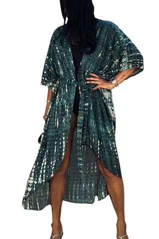 YouKD Bohemian Kimono Long Sleeve Cardigan Beach Swimsuit Cover Up Maxi Dress for Women C Dark Green 2