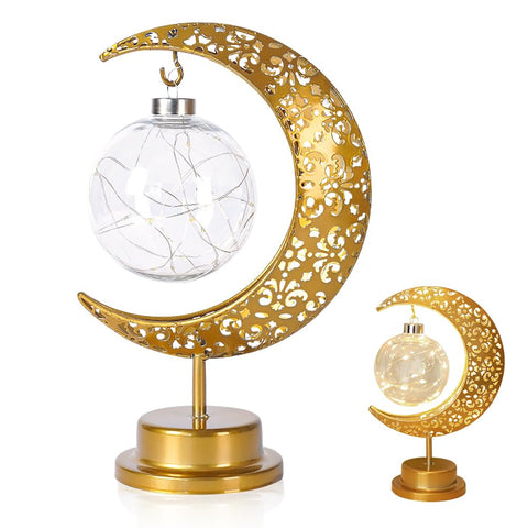 Mineup Half Moon Ball Table Lamp, Ramadan Decorations Bedside Lamp, Enchanted Lunar Lamp, Battery Powered Moon Light Hanging LED Moon Lamp Night Light with Stand for Home Bedroom (Warm White)