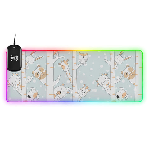 Cute Animals Cartoon Snow Tree Wireless Charging Mouse Pad for Mobile Phone Extra Large Gaming Mousepad with 13 Lighting Modes Mouse Mat for MacBook PC Laptop Desk Office Home Gaming
