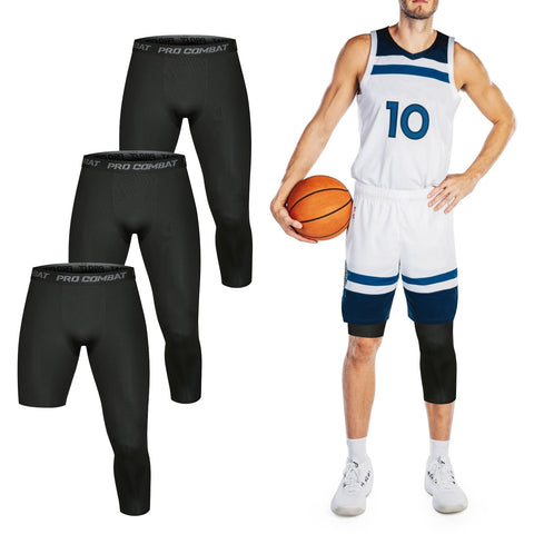 3 Pack Men's Compression Pants Single Leg 3/4 Basketball Tights Leggings Athletic Running Tights One Leg Base Layer Underwear, Black, M