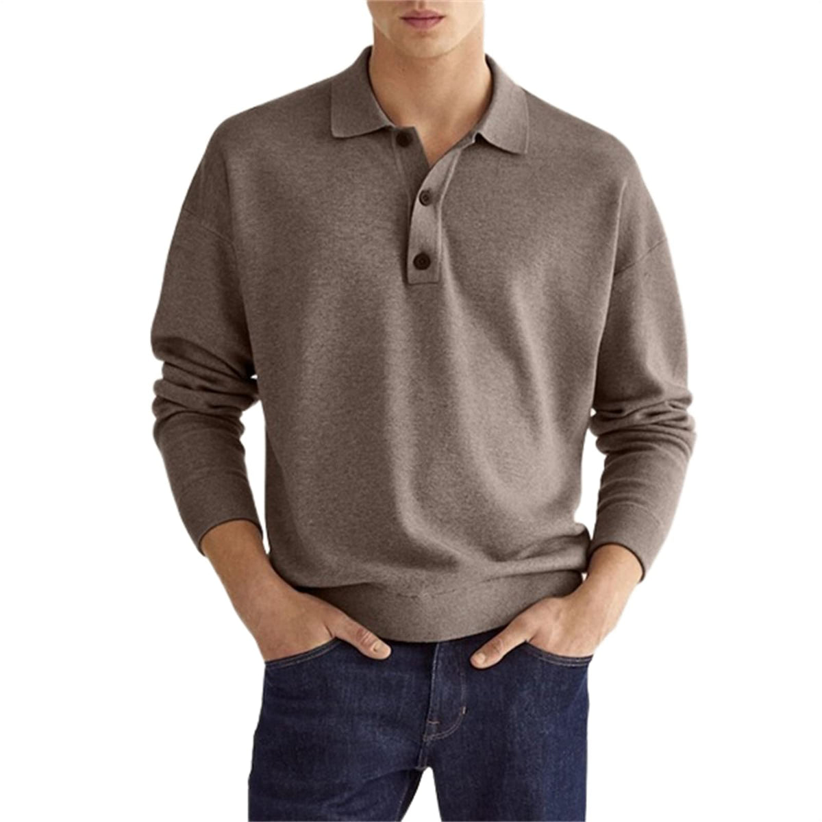 Mens Casual Long Sleeve Polo Shirts Classic Golf Work Shirts Thermal Sweaters Rrgular Collared T Shirt Plain Tops Brown