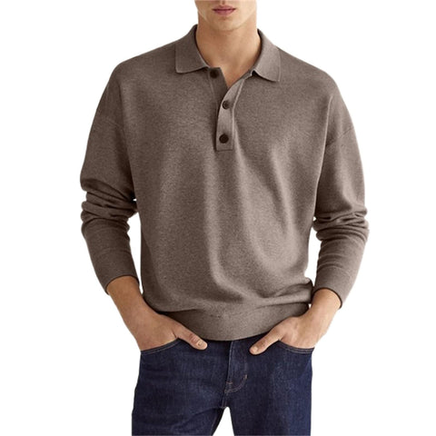 Mens Casual Long Sleeve Polo Shirts Classic Golf Work Shirts Thermal Sweaters Rrgular Collared T Shirt Plain Tops Brown