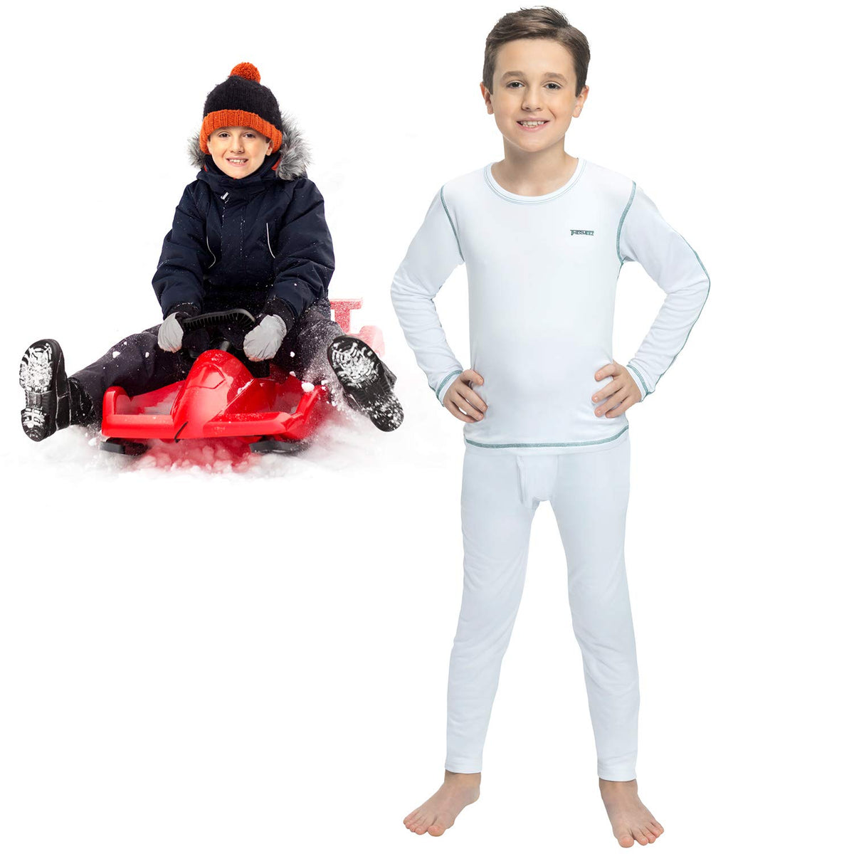 Thermal Underwear For Boys (Thermal Long Johns) Sleeve Shirt & Pants Set, Base Layer w/Leggings Bottoms Ski/Extreme Cold White XS
