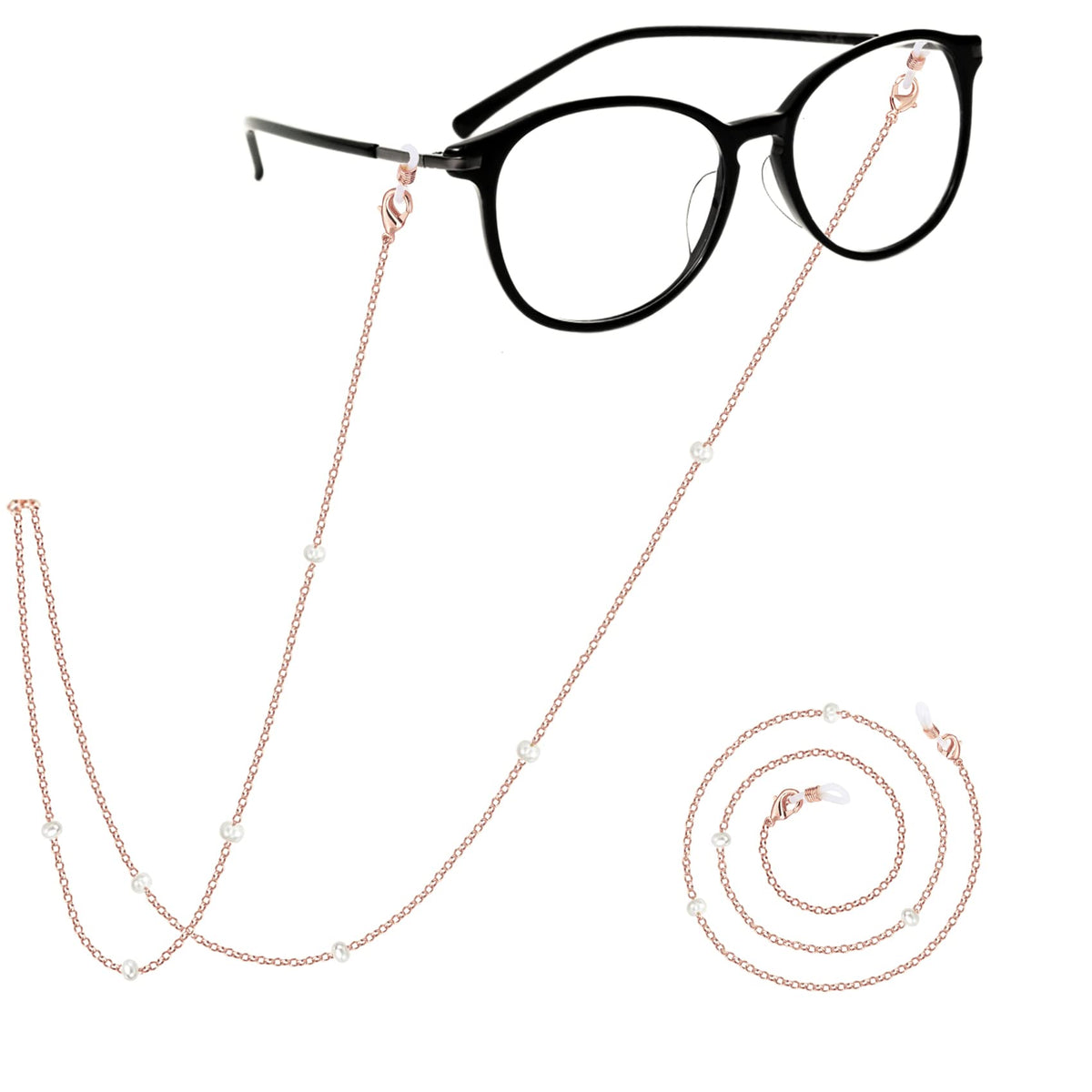 PAVOI 14K Gold Plated Sunglasses/Glasses Strap Lanyard | Glasses Chains for Women | Rose Gold 3mm Pearl Chain Enhancer