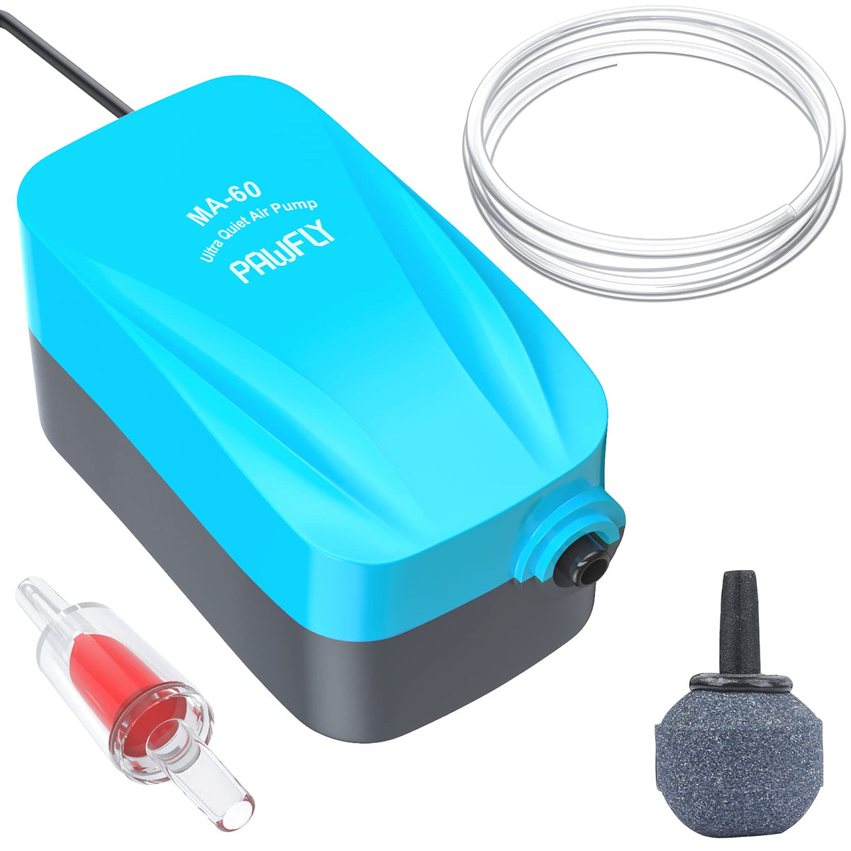 Pawfly Aquarium 1.8L/min Compact Air Pump Quiet Oxygen Aerator Pump with Air Stone Airline Tubing and Check Valve Accessories for 20-75L Buckets and Fish Tanks