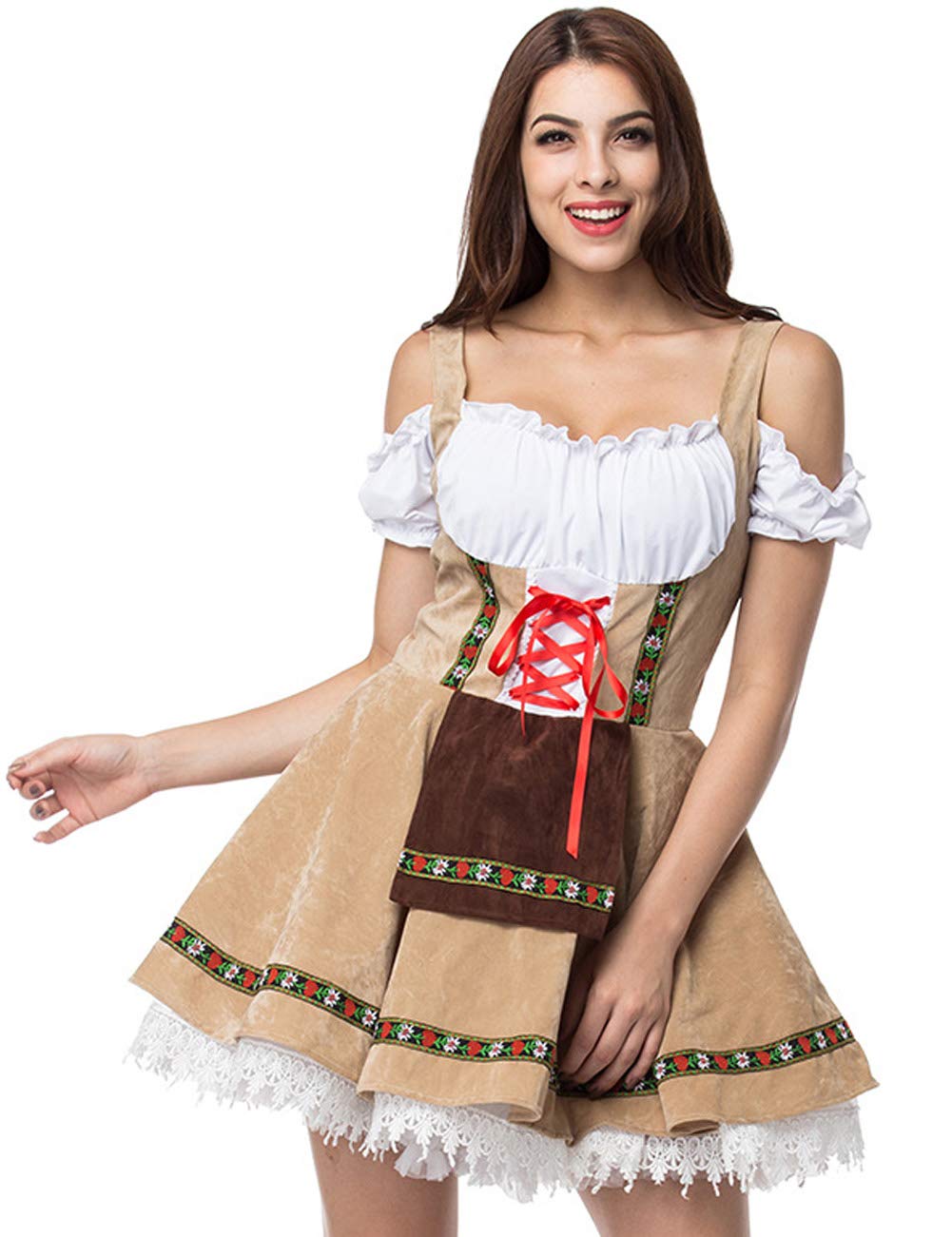 GRAJTCIN Oktoberfest Costumes Women Velvet German Bavarian Dirndl Dress Octoberfest Outfits for Halloween Carnival (S, Khaki)