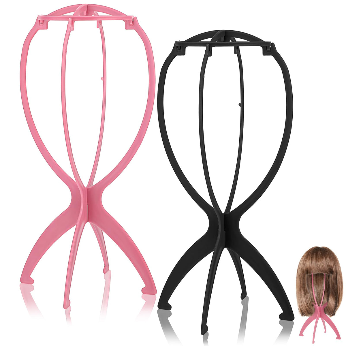 Abeillo 2 Pack Wig Stand Holder, Portable Collapsible Wig Head Stand for Short Wigs and Hats, 13.5 Inch Wig Display Tripod Travel Wig Holder for Women Wigs (Black&Pink)