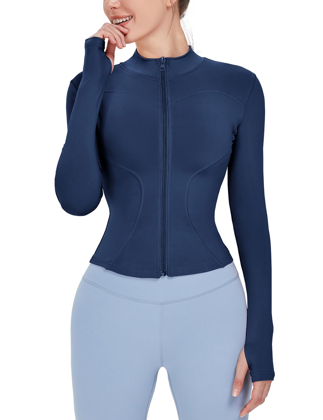 Locachy Women's Lightweight Stretchy Workout Full Zip Running Track Jacket with Thumb Holes Navy Blue L
