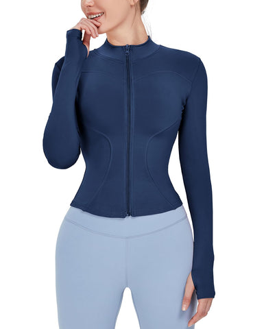 Locachy Women's Lightweight Stretchy Workout Full Zip Running Track Jacket with Thumb Holes Navy Blue L