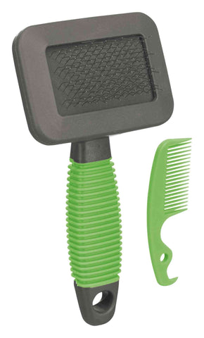 TRIXIE soft brush for grooming top coat & undercoat - soft metal bristles - with brush cleaner - rubberised handle - black/green - 7 x 13 cm - 6288