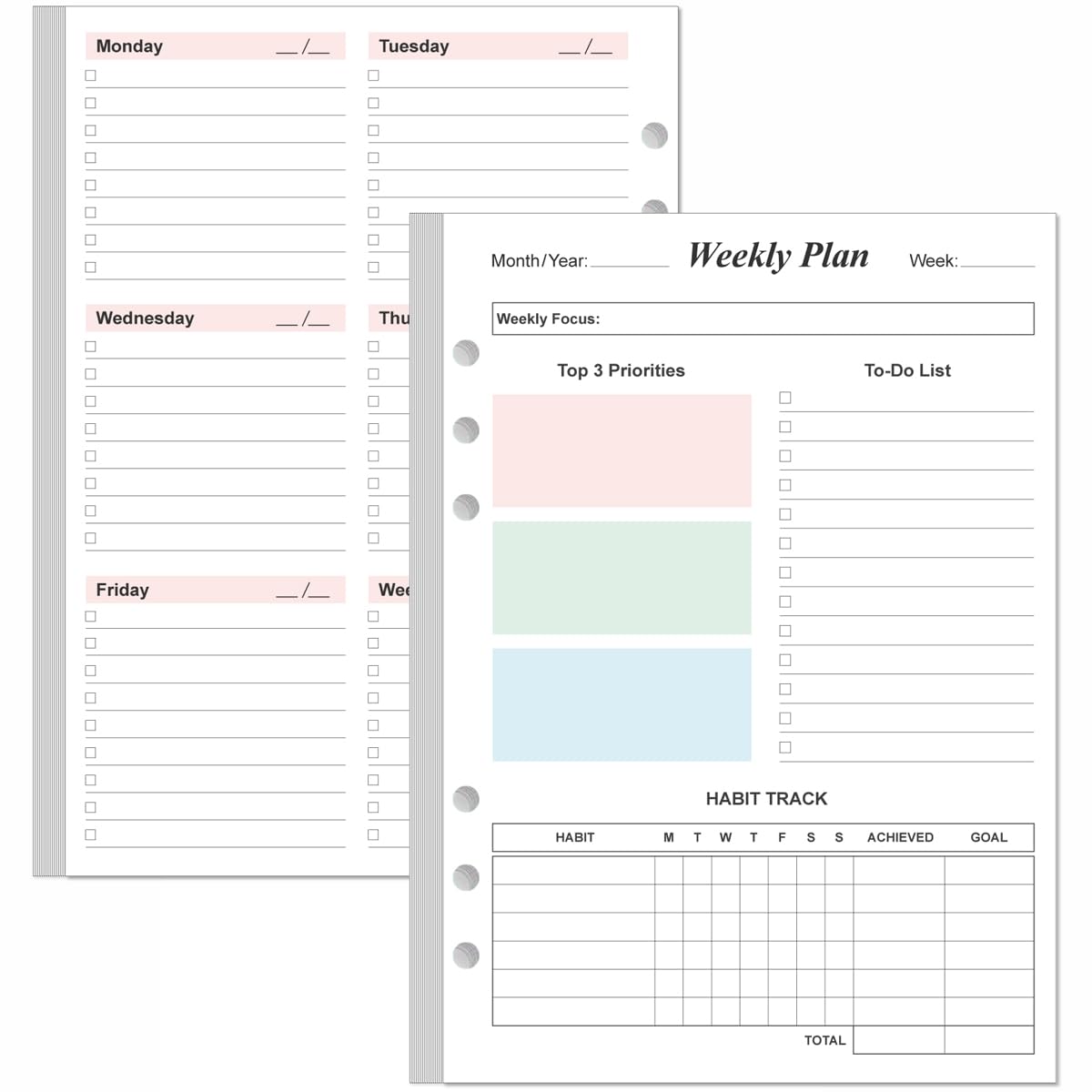 Weekly Planner Refills for A5 Binders - 53 Sheets/106 Pages Undated Colorful Weekly Planner, 6-Hole Punched, 100 gsm White Paper, 5.8" x 8.3"
