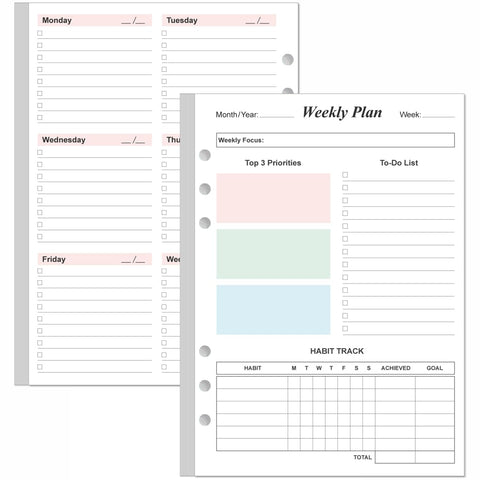 Weekly Planner Refills for A5 Binders - 53 Sheets/106 Pages Undated Colorful Weekly Planner, 6-Hole Punched, 100 gsm White Paper, 5.8" x 8.3"