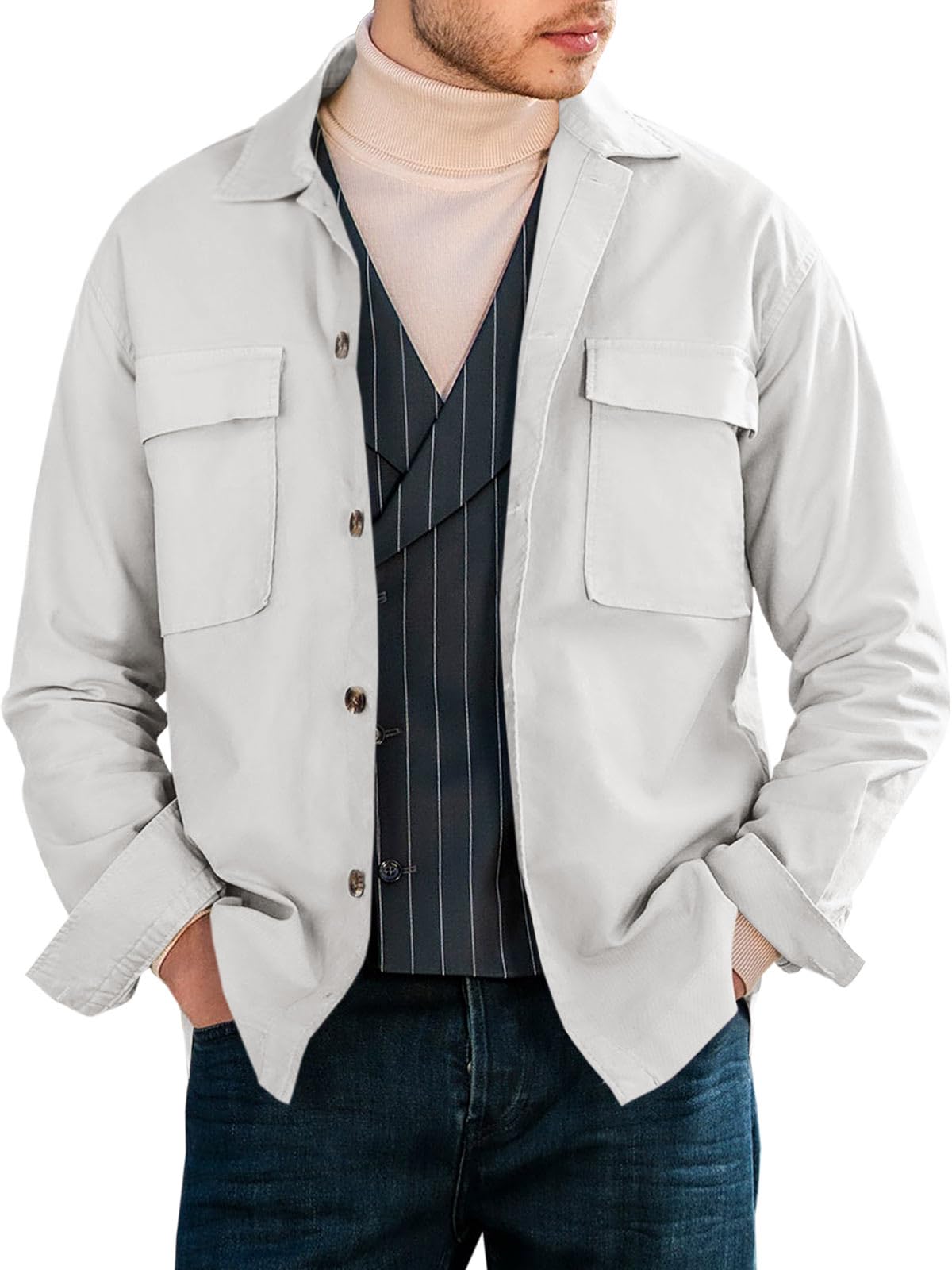 Runcati Mens Button Down Shirt Jacket Casual Cotton Military Shacket Lightweight Outdoor Cargo Jacket Coat