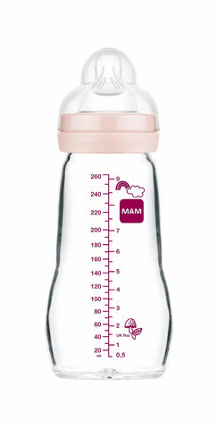 MAM Feel Good A163 Glass Water Bottle with Patented SkinSoftTM Silicone Teat 2, Super Soft, 0 Months Above, 260 ml, Pink