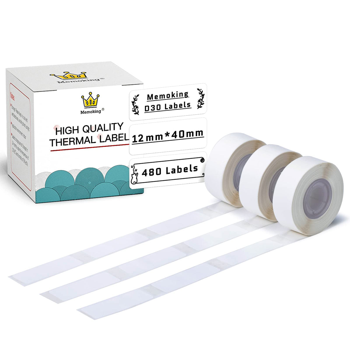 D30 Labels - Pure White Label Thermal Printer Paper Self-Adhesive 12mmx40mm for Name Price Folder Storage, Compatible with Memoking/Phomemo D30 Label Maker, 3 Rolls