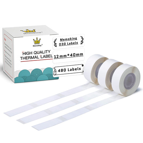 D30 Labels - Pure White Label Thermal Printer Paper Self-Adhesive 12mmx40mm for Name Price Folder Storage, Compatible with Memoking/Phomemo D30 Label Maker, 3 Rolls