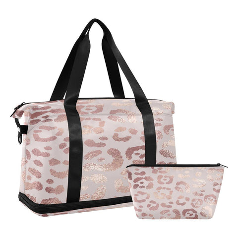 JUMBEAR Rose Gold Leopard Print Sports Gym Bag Duffel Bag with Wet Pocket, Travel Duffel Bag for Men & Women, Big Capacity Holdall with Shoulder Strap for Gym, Sports, Travel,Swimming