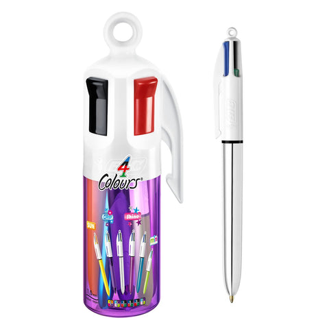 BIC 4 Colours Sun, Grip, Shine, Mini with Pen Holder, Retractable Pens, Ballpoint Pens, Medium 1.0mm, Green, Blue, Red, Black, 6 Pens Per Pack, 1 Pack
