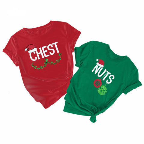 Chest and Nuts Christmas Shirts Xmas Couples Matching Outfits His and Her Holiday Short Sleeve Matching Sets, Green(man), XL