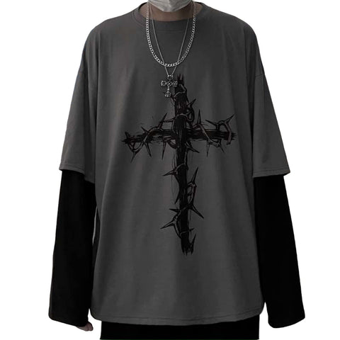 Aobiono Men Women Gothic Shirt Y2K Emo Grunge Alt Vintage Cross Graphic Long Sleeve Top Tee Dark Academia Harajuku Sweatshirt (Gray, XL)