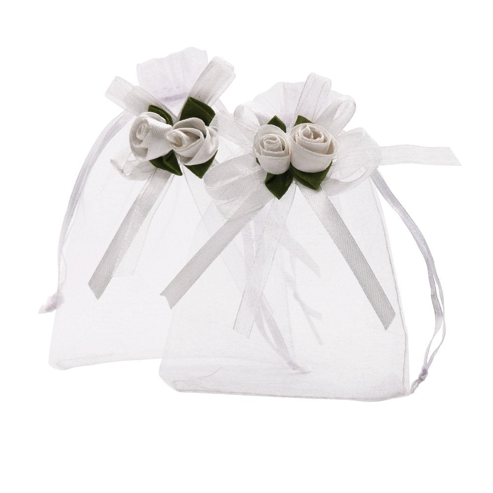SumDirect 50Pcs 10x12cm Sheer Organza Bags White Rose Drawstring Bag Candy Pouches Jewelry Bags Wedding Party Favor Gift Bags for Christmas Baby Shower