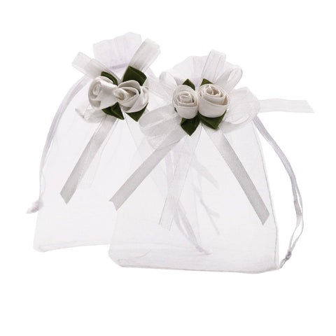 SumDirect 50Pcs 10x12cm Sheer Organza Bags White Rose Drawstring Bag Candy Pouches Jewelry Bags Wedding Party Favor Gift Bags for Christmas Baby Shower