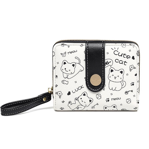 Sunwel Fashion Kawaii Prints Cat Wallets with Exterior Zipper Around Coin Purse Bifold Bill Wallet Credit Card Holder ID Window, BLACK, Bifold Wallet