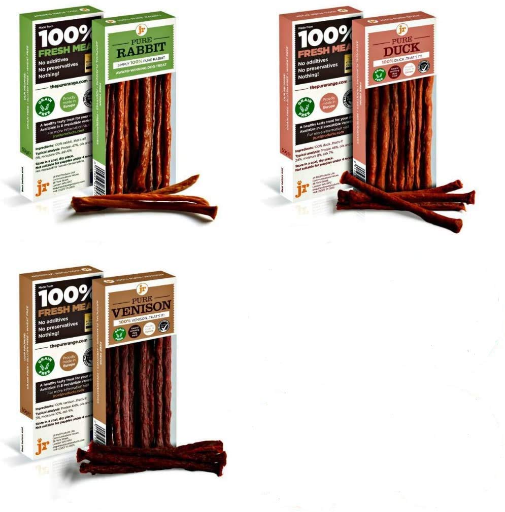 J R Pet Products 3 x 50g Game Variety Pure Dried 100% Fresh Meat Sticks Dog Treat Gluten & Grain Free (Rabbit Duck Venison)
