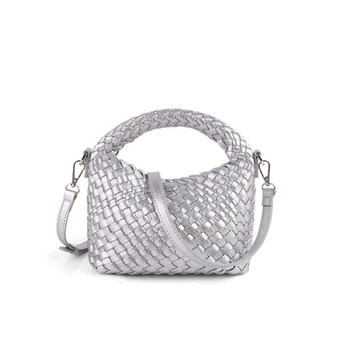 Women Woven Tote Small Crossbody Bag, Weave Quilted Purse Square Shoulder Bag Woven Handbag with Detachable Strap (Silvery)