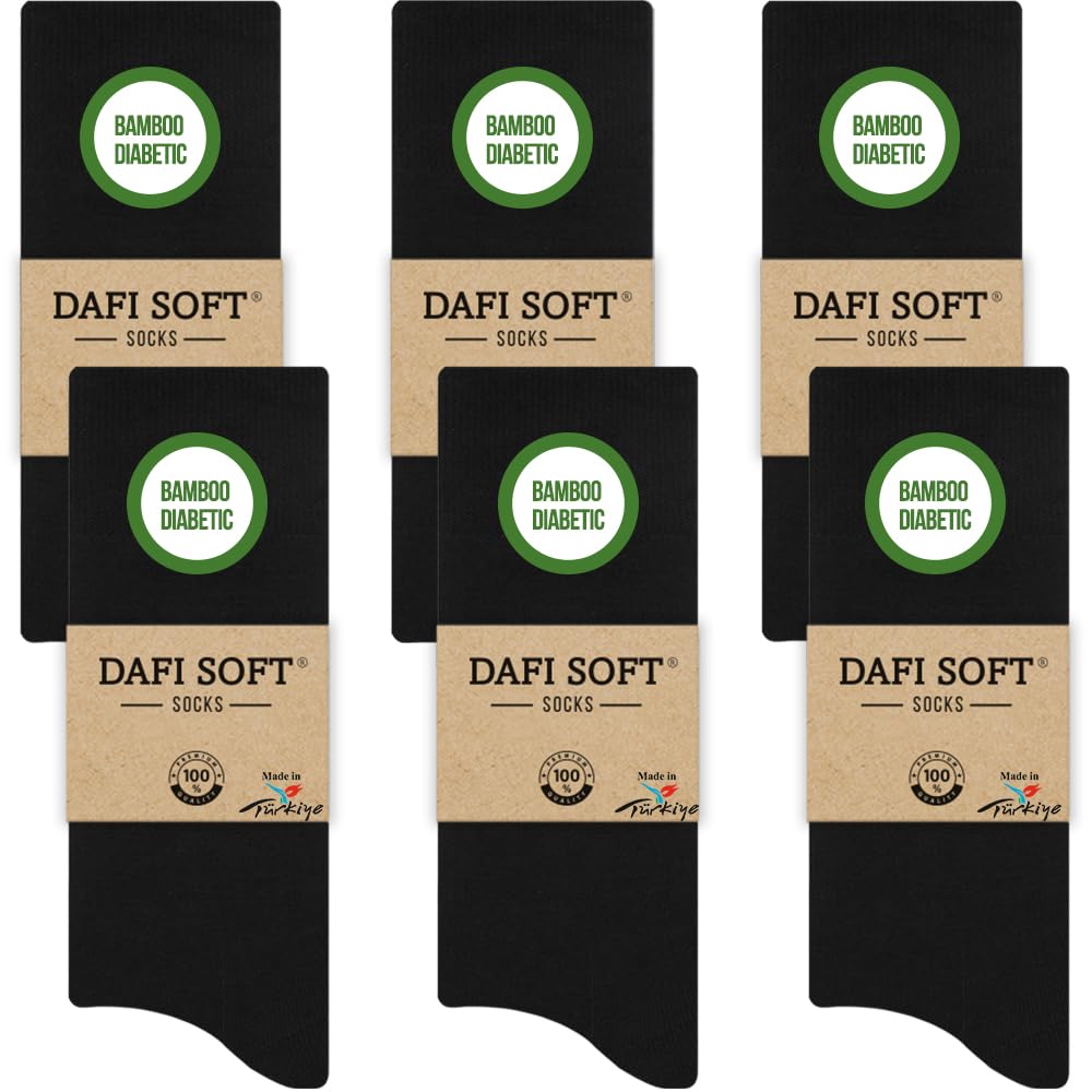 Dafi soft 6 Pairs Men's Bamboo Diabetic Socks, Soft Top, Made in Turkey (UK 6-8, 6x Black)