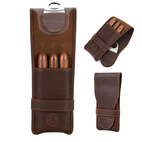 Contacts Full Grain Leather Small Cigar Case Travel 3 Slot Cigars Humidor Pouch Portable Cigar Accessories Organizer with Cigar Cutter Slot, Dark Brown