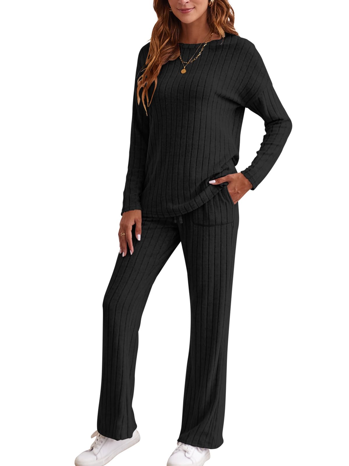 Sumtory Matching Lounge Sets for Women 2 Piece Pajamas Sleepwear Slouchy Cozy Outfits Black M