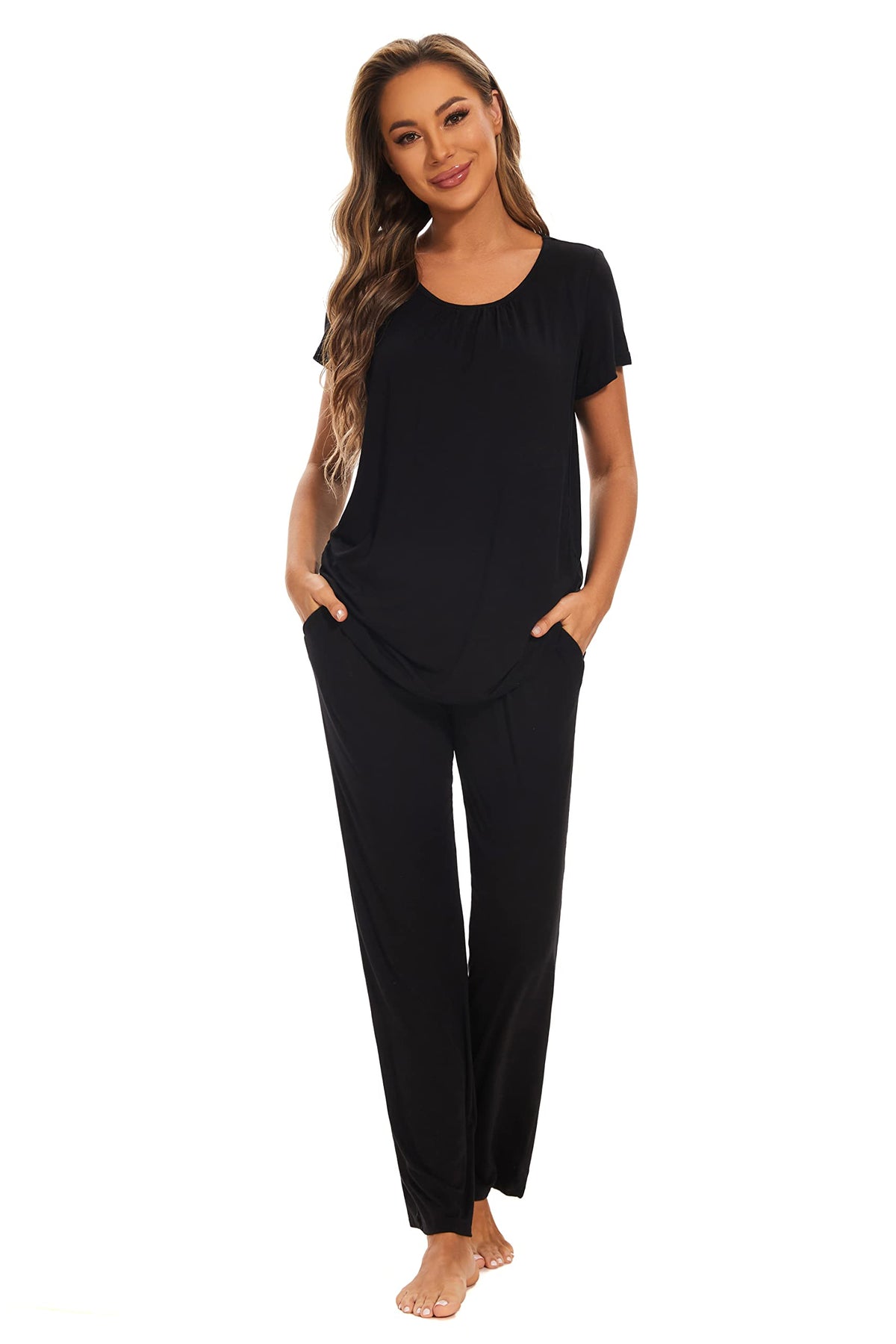 Smallshow Women's Maternity Postpartum Pajamas Ruched Short Sleeve Nursing Pjs Large,Black