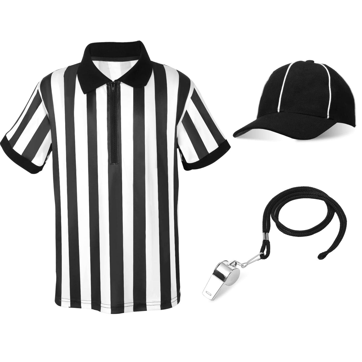 Halloween Kids Referee Costume Set White Black Stripe Umpire Jersey Overturned Collar Referee Shirt Stainless Steel Whistle with Lanyard Hat for Basketball Football Soccer(X-Small)