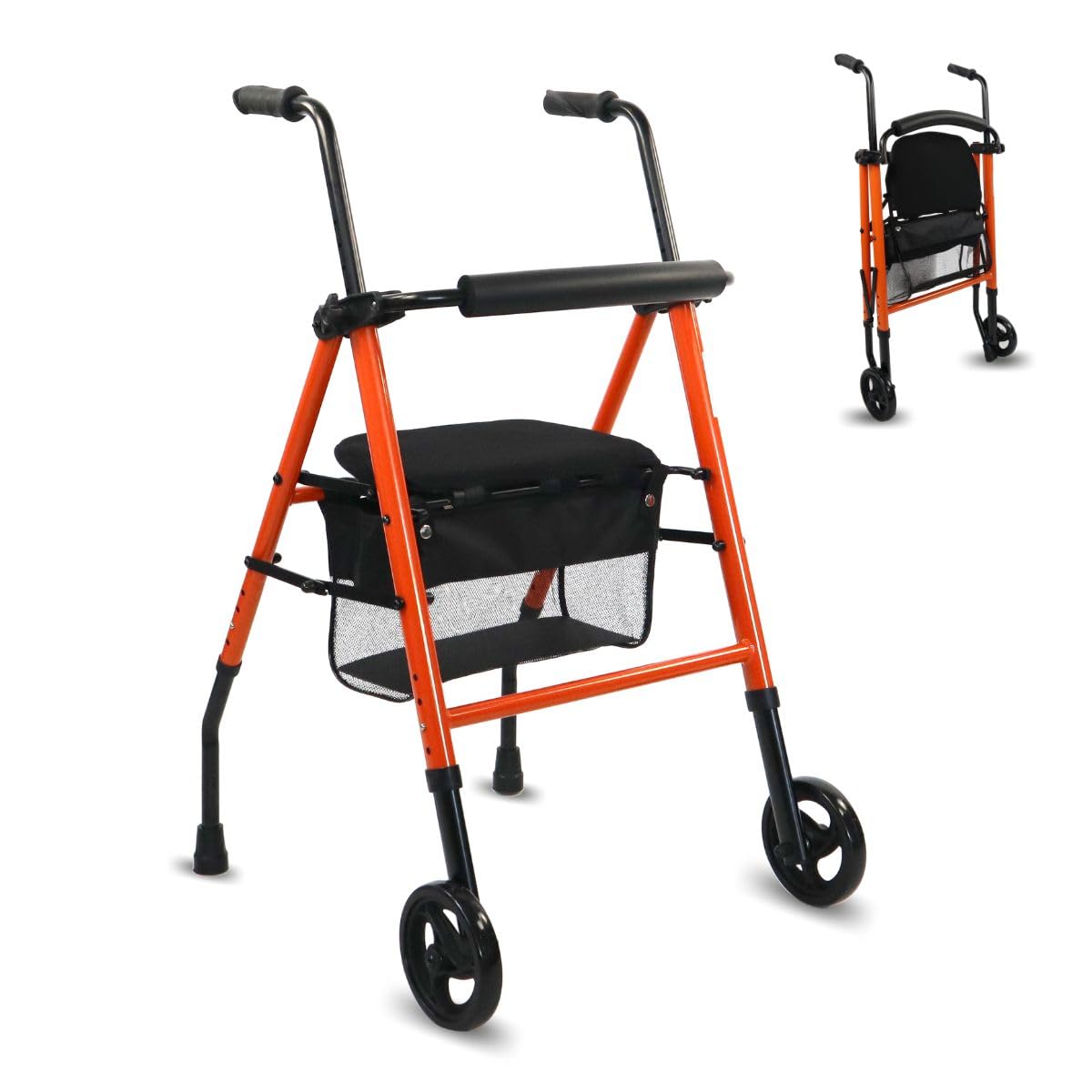 Mobiclinic® Folding Lightweight Walker, Model Nerón, Rollator, 2 Wheels, Walking Frame with Wheels, European Brand, Height Adjustable, Zimmer Frames, Backrest, Mobility Walker, Sturdy, Orange