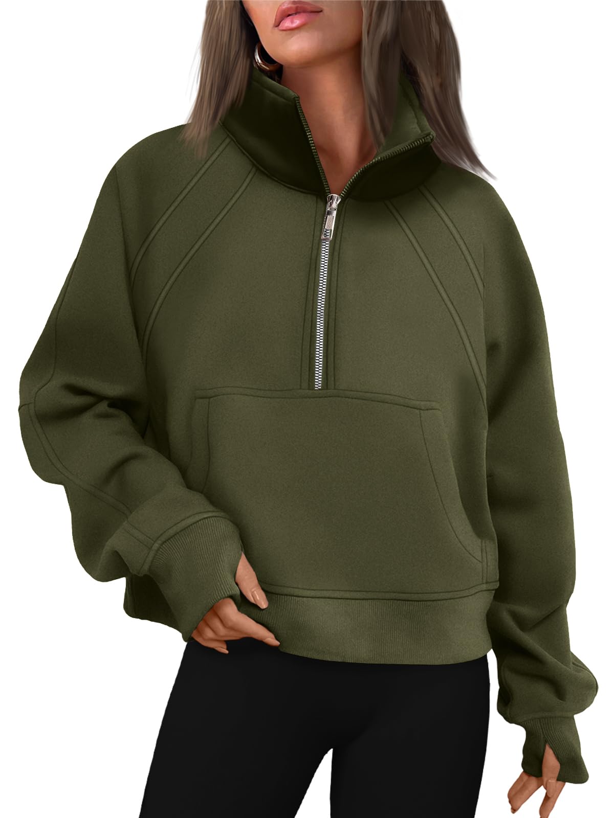 WYNNQUE Womens Quarter Zipper Pullover Oversized Sweatshirts Cropped Fleece Half Zip Hoodies Fall Clothes Sweaters Thumb Hole, Armygreen, S
