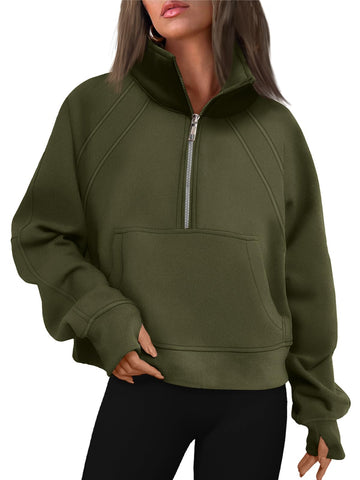 WYNNQUE Womens Quarter Zipper Pullover Oversized Sweatshirts Cropped Fleece Half Zip Hoodies Fall Clothes Sweaters Thumb Hole, Armygreen, S