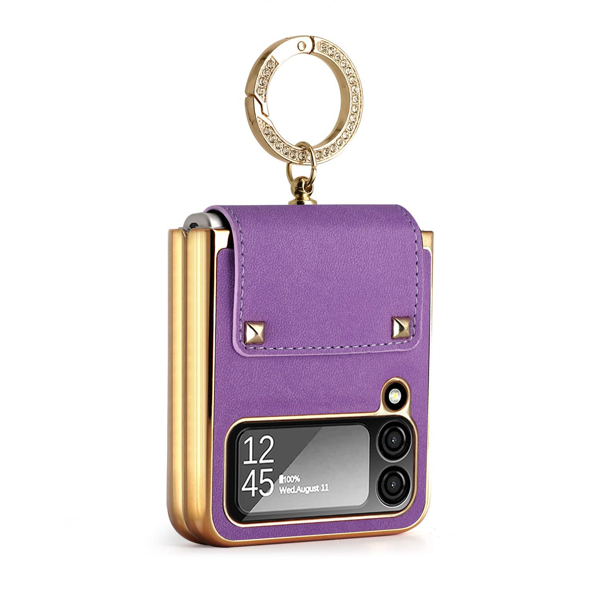 XIMAND for Samsung Galaxy Z Flip 3 5G with Luxury Sparkle Ring and Purple Soft Leather,Golden Bumper Shockproof Protector,Great Gift for Women Ladys Grils