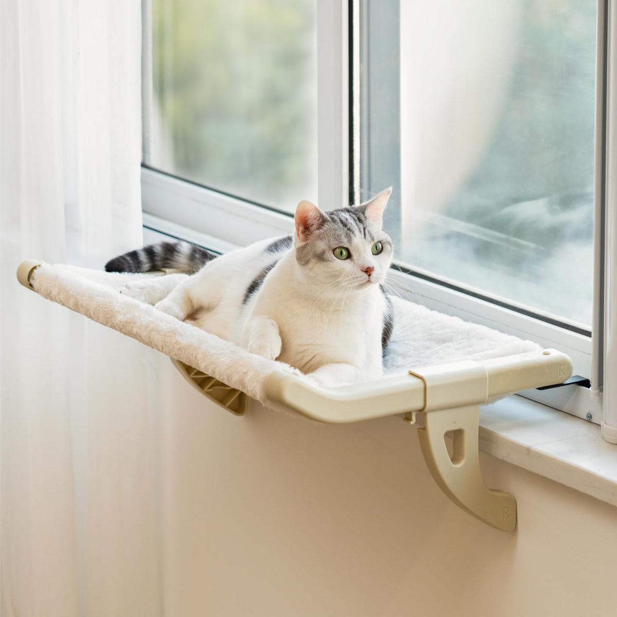 MEWOOFUN Cat Window Sill Perch for Indoor Cats, One-Step Sliding Clamping Slot Adjustment Cat Window Hammock with Removable Covers, Cat Bed for Windowsill & Bedside (Beige, Large)