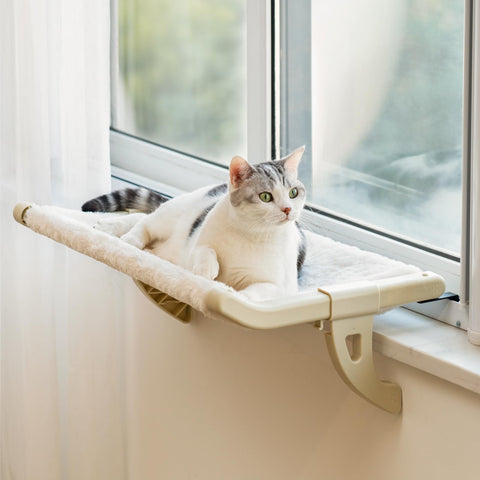 MEWOOFUN Cat Window Sill Perch for Indoor Cats, One-Step Sliding Clamping Slot Adjustment Cat Window Hammock with Removable Covers, Cat Bed for Windowsill & Bedside (Beige, Large)