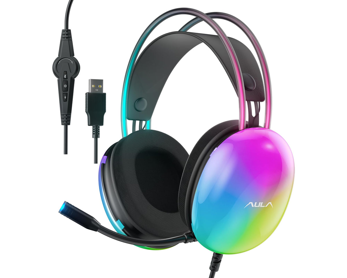 AULA USB Gaming Headset with Mic for PC, RGB Rainbow Backlit, Virtual 7.1 Surround Sound, 50mm Driver, Soft Memory Earmuffs, Wired Laptop Desktop Computer Headset, Black, S505