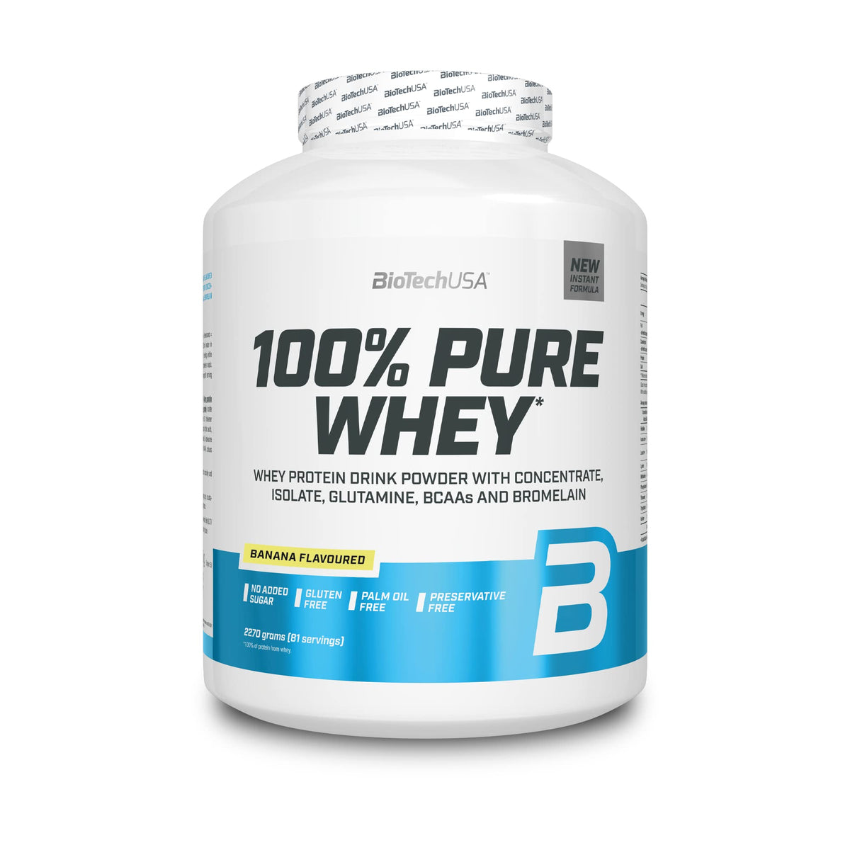 BioTechUSA 100% Pure Whey | Protein Powder with BCAA and Glutamine | Gluten-Free, Palm Oil Free | 21g Protein per Serving, 2.27 kg, Banana