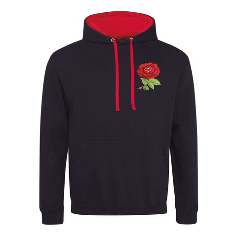 England Rugby Retro Style Embroidered Two Tone Hooded Sweatshirt Hoodie Best Gift for Unisex Adults (Large, Black/Red)