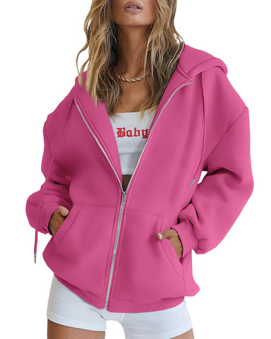 AUTOMET Womens Zip Up Hoodies Long Sleeve Fall Oversized Sweatshirts Fleece Y2K Jacket with Pockets 2024 Fashion Clothes Hotpink