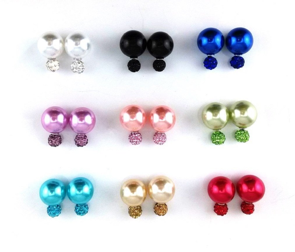 9 Pairs Pearl Earrings, Piercing Pearl Stud Earrings, Bling Rhinestone Polymer Clay Two Sided Ear Ring